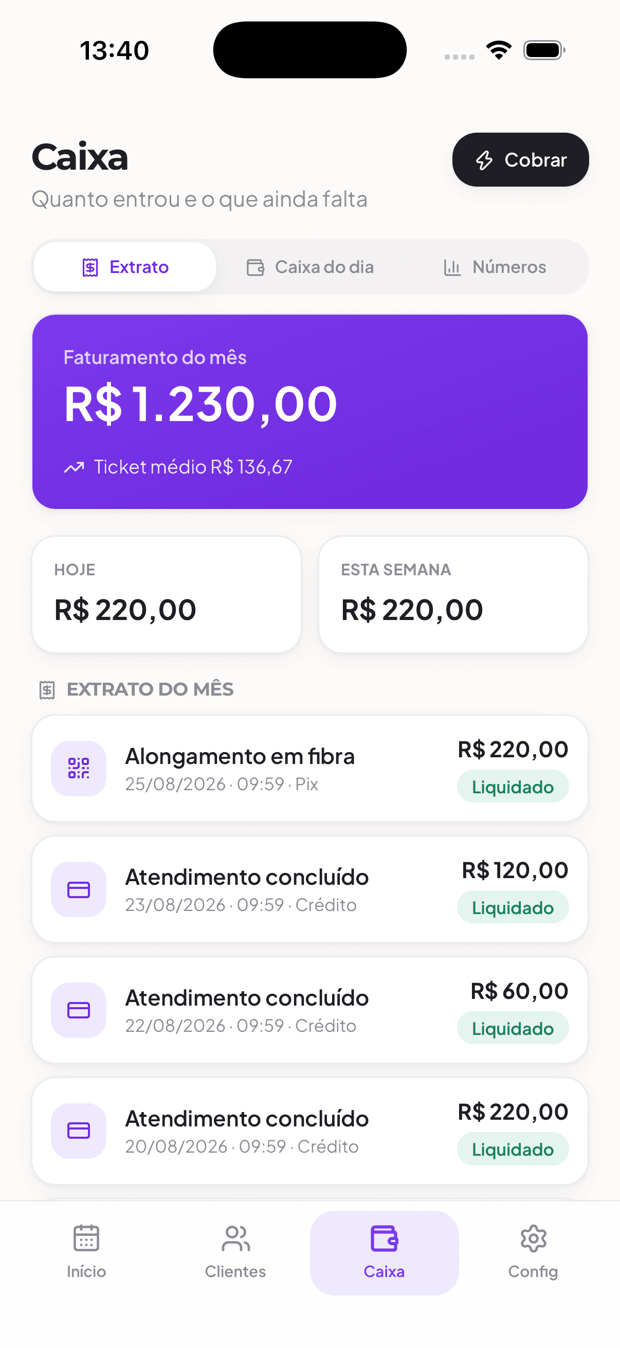 Tela do caixa do Tick, com faturamento do mês, ticket médio e extrato