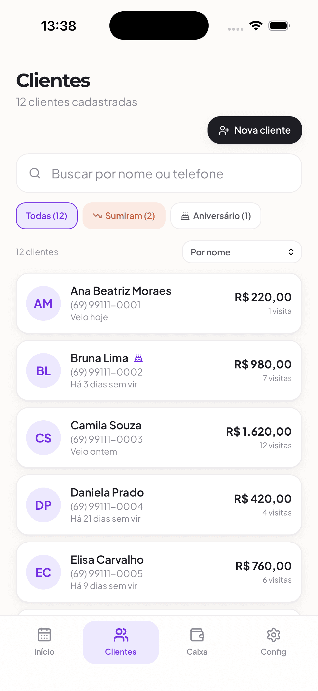 Lista de clientes do Tick, mostrando há quantos dias cada uma não volta