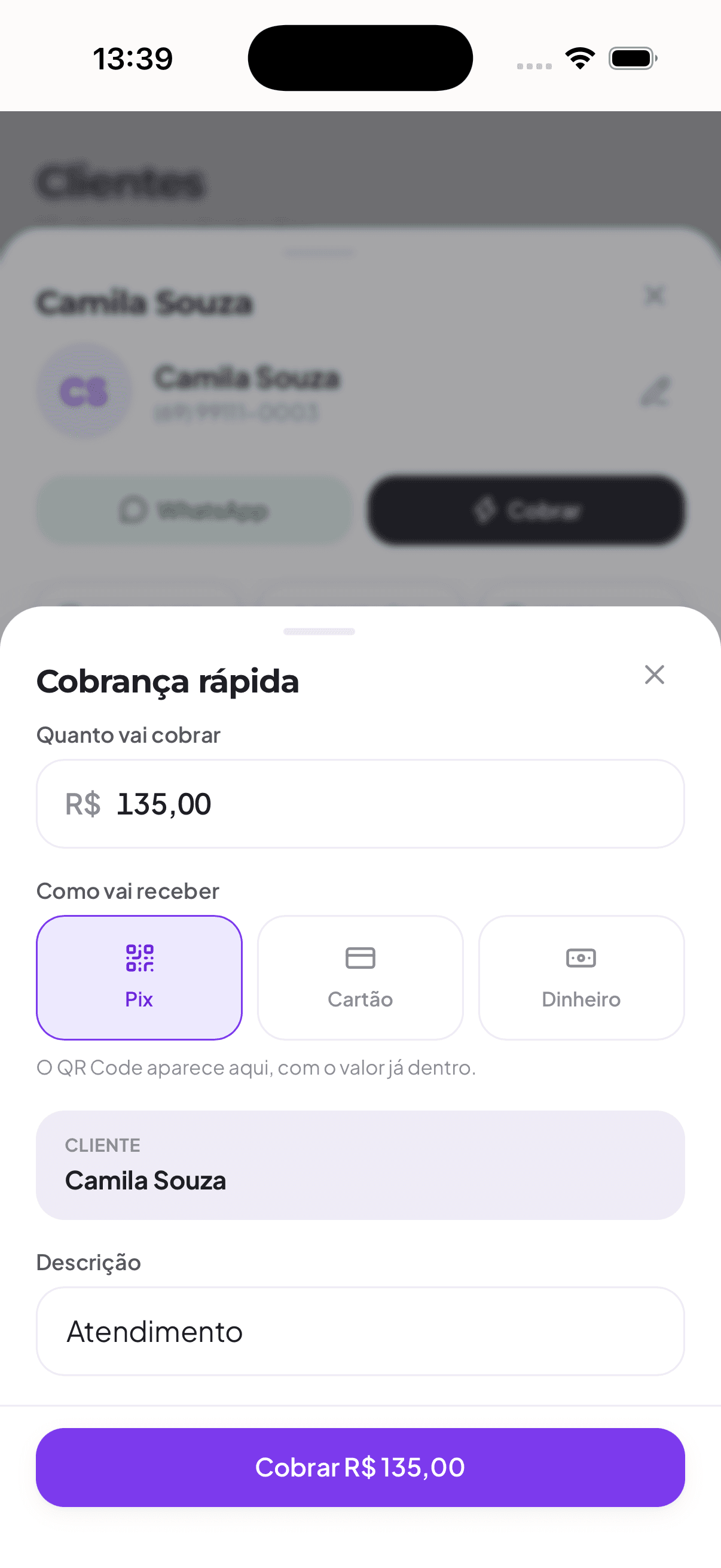 Tela de cobrança do Tick, com Pix por QR Code, cartão e dinheiro