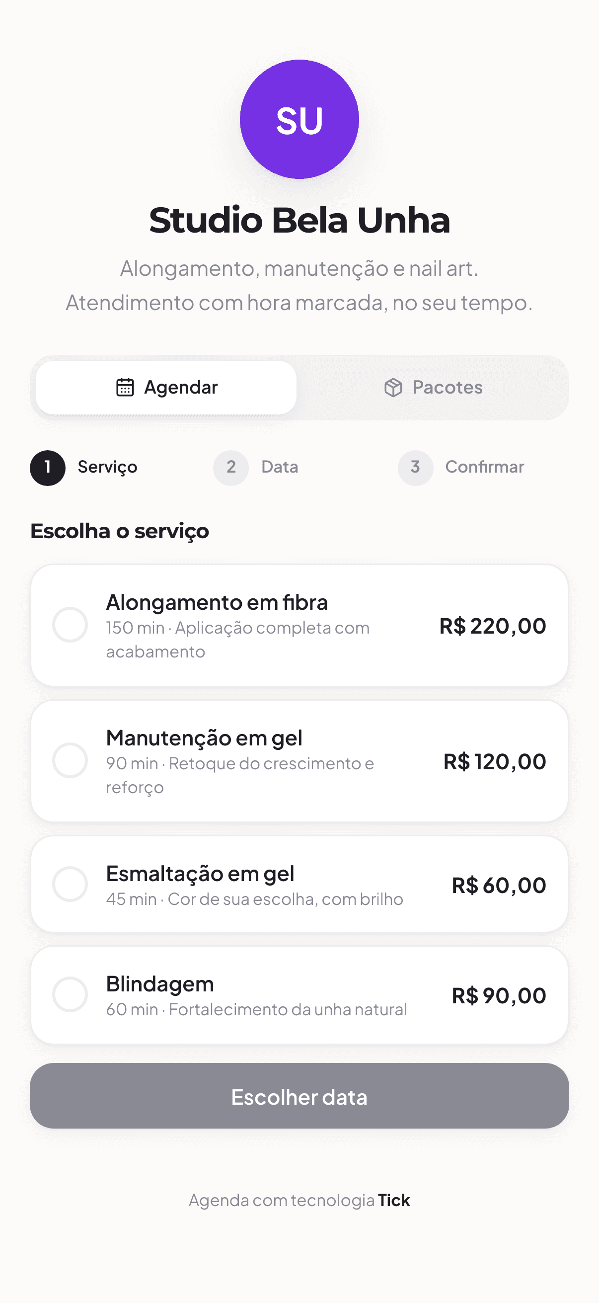 Página pública de agendamento do Tick, com serviços e horários disponíveis